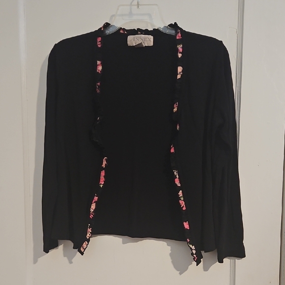 Casual Corner Sweaters - Casual Corner Black Cardigan with Pink Floral Trim Size Small Petite